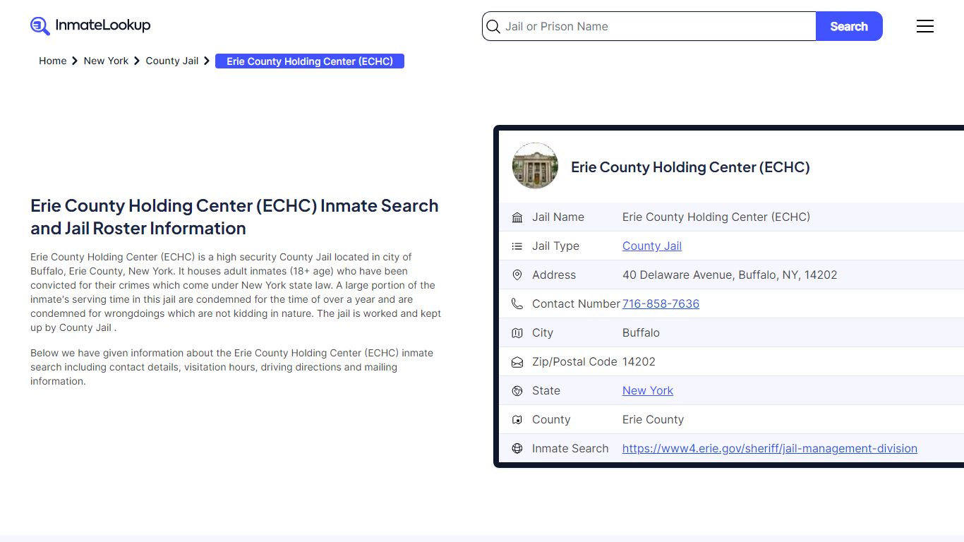 Erie County Holding Center (ECHC) Inmate Search - Inmate Lookup